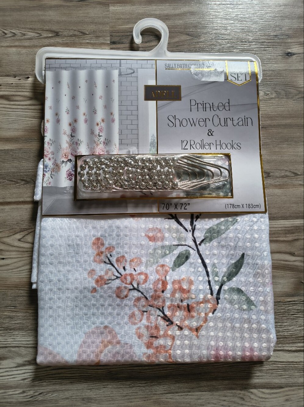 Floral Printed Shower Curtain with Roller Hooks - White & Peach